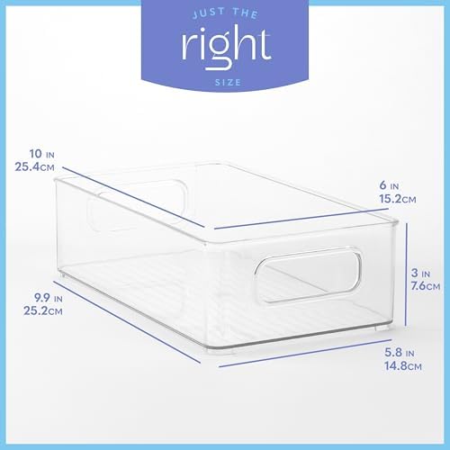 Plastic Food Storage 2 Pack Clear Container Bin with Handles for Organizing Kitchen, Pantry, Refrigerator, Freezer, Pantry, Cabinet, Closet, Bathroom. Stackable 10”x6”x3” - Image 3