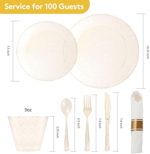 Goodluck 700 Piece Gold Glitter Plastic Dinnerware Set for 100 Guests - Image 2