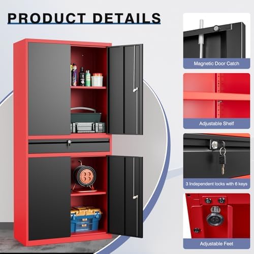 Metal Garage Storage Cabinet with Locking Doors and Drawer, 71" Steel Tool Storage Cabinet with Adjustable Shelves for Garage,Office,Warehouse (Red Black) - Image 4