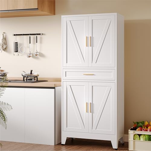 COFaR 71" Tall Pantry Cabinet with Drawer, White Storage Cabinet with Adjustable Shelves, 3-Section Freestanding Cupboard for Kitchen Organization - Image 3
