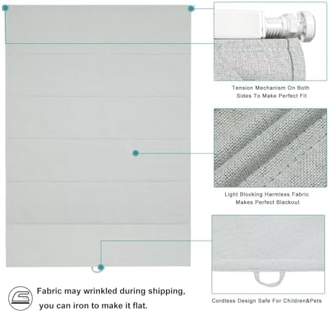 Changshade No Drill Roman Shades Cordless Blinds Blackout for Indoor Windows, Room Darkening Black Out Tension Rod No Hardware No Tools Inside Mount,Shade Size 32.5Inch Wide 64Inch High,Light Grey - Image 5