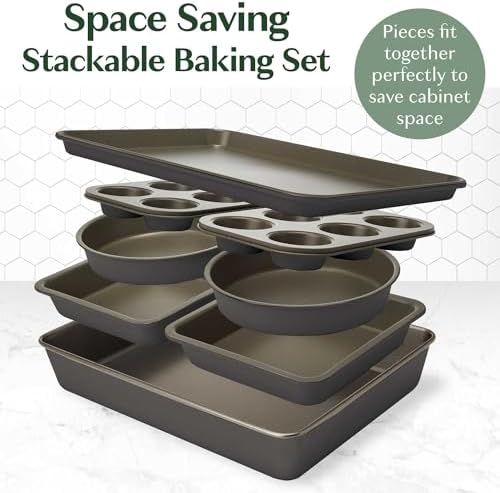 Goodful All-In-One Nonstick Bakeware Set, Stackable and Space Saving Design includes Round and Square Pans, Muffin Pans, Cookie Sheet and Roaster, Dishwasher Safe, 8-Piece, Graphite - Image 2