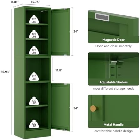 YAUWOH 2-Door Metal Storage Cabinet, Tall Slim Pantry Organizer with 3 Adjustable Shelves (120LBS/Shelf), Anti-Tipping Waterproof Cabinet for Bathroom/Kitchen/Home Office/Small Spaces,(1PC,Green) - Image 3