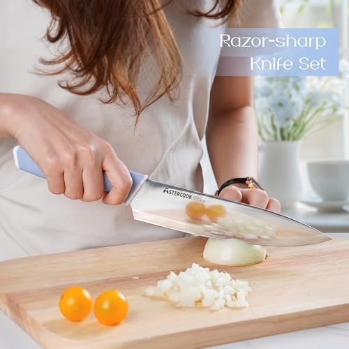 Astercook Kitchen Knife Set with Block and Sharpener 15 Piece German High Carbon Stainless Steel Sharp Blade Dishwasher Safe with Ergonomic Handle, Delicate Blue - Image 2