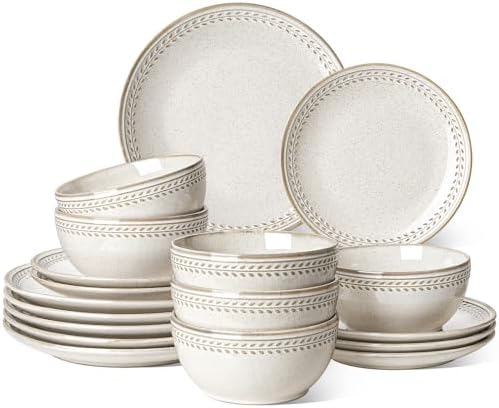LE TAUCI Dinnerware Sets for 6, 18 Piece Plates and Bowls Sets, Ceramic Kitchen Dish Set, Chip Resistant, Microwave & Dishwasher Safe, Reactive Glaze Beige (8"&10" Plate, 27oz Bowl) by LETAUCI