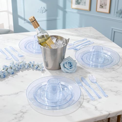 DaYammi 210PCS Blue Glitter Plastic Dinnerware Set for 30 Guests - Image 4