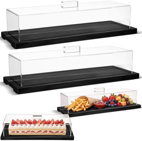 Mifoci 2 Pack Black Bamboo Wood Cake Stand Serving Tray with Acrylic Lid, 15 x 6 x 4 Inch Charcuterie Table Display Set, Dessert Serving Tray Set for Bakery, Buffet, Home Party & Restaurant by Mifoci