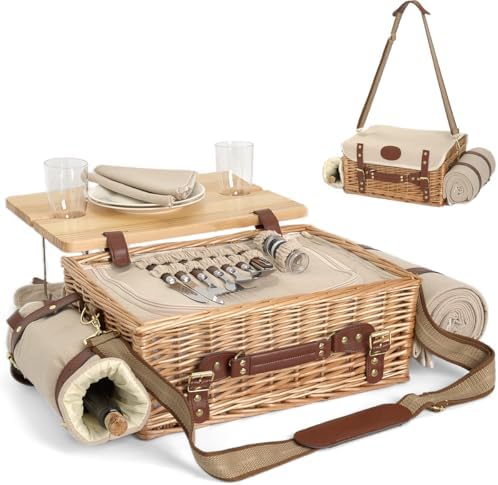 Multifunctional Wicker Picnic Basket Set for 2 with Blanket and Picnic Table, Insulated Picnic Set with Full Tablewares for Camping Outdoor Couples,Natural by SatisInside