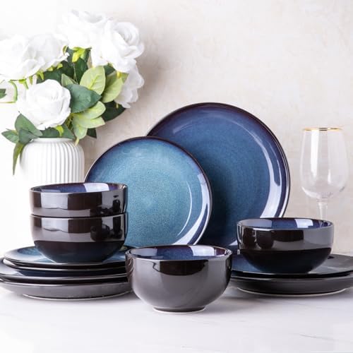 LeRatio Ceramic Dinnerware Sets for 4,12Pcs Porcelain Plates and Bowls Set by LeRatio