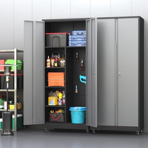 Metal Garage Storage Cabinet with 2 Doors, Adjustable Rolling Tool Storage Cabinet with Lock, 71" Steel Locking Broom Closet with Wheels and Shelves for Garage, Warehouse(Black&Gray, 71" H) - Image 2