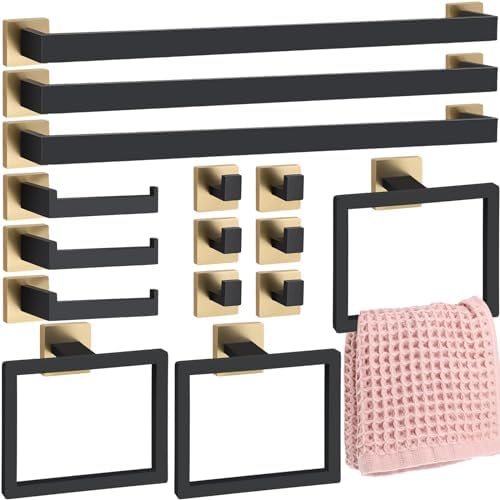 15 Pcs Black Gold Bathroom Hardware Accessories Bath Towel Bar Set by Gisafai