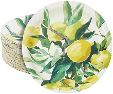 BLUE PANDA Disposable Lemon Farmhouse Paper Plates - 9-Inch, Green Matte, 80 Count, Heavyweight 350 GSM for Citrus Birthdays, Bridal Showers, Lemon Theme Cakes & Desserts by BluePanda