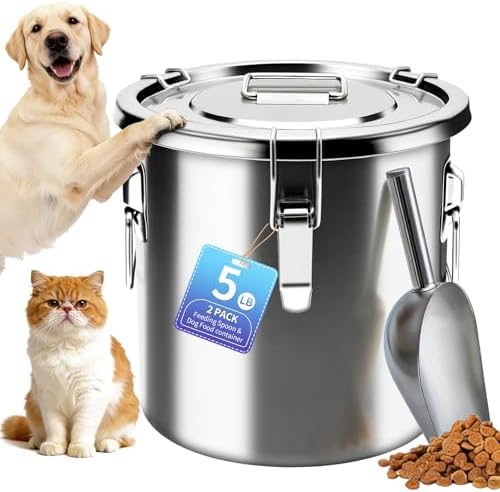 5LB Stainless Steel Dog Food Storage Container, Airtight Metal Pet Food Storage Bin with Lid and Scoop, Large Dog Food Container for Dry Food, Keep Fresh, Easy to Clean by PawtyPets