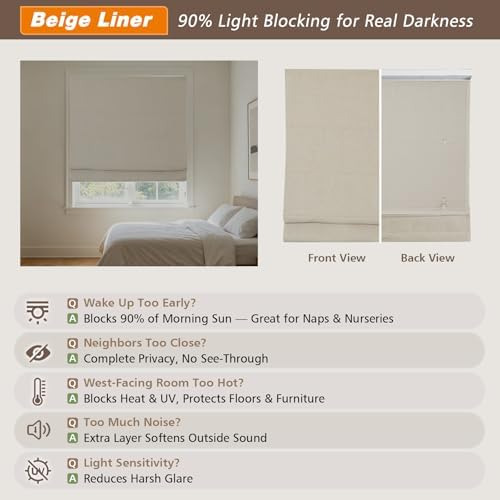 Cordless Roman Shades for Windows, Blackout Roman Blinds for Home, Room Darkening Custom Fabric Roman Window Shades, Living Room, Bedroom, French Doors, Beige - Image 5