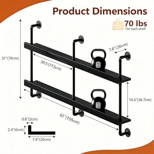 Wall Mounted Wine Rack with LED Light - 2-Tier Solid Wood Industrial Rustic Floating Shelves, Bottle Storage Organizer for Kitchen, Bar, Pub, Cellar, Home Bar (Black, 2-155cm/61in) - Image 2
