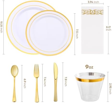 350-Piece Gold Rim Plastic Dinnerware Set for 50 Guests, Elegant Disposable Dinnerware for Party, Wedding. Includes Dinner Plates, Dessert Plates, Gold Silverware, Napkins, Cups - Image 2