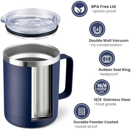 MEWAY 12oz Coffee Mug With Handle 2 Pack Bulk,Stainless Steel Insulated Travel Tumblers With Sliding Lid,Double Wall Vacuum Camping Cup for Hot & Cold Drinks Tea (Multicolor,Set of 2) - Image 2