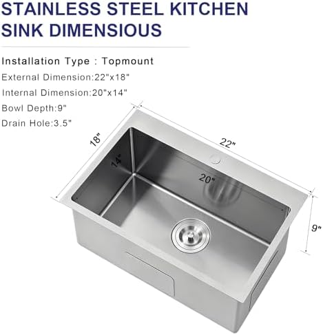 VAPSINT 22x18 Inch Drop In Kitchen Sink, 22 Inch 16 Gauge T304 Stainless Steel Topmount Small Kitchen Bar Sink, Handmade Single Bowl Outdoor RV Laundry Utility Prep Sink with Basket Strainer - Image 3