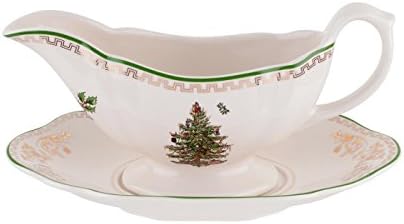 Spode Christmas Tree Gold 10 Oz Gravy Boat and Stand - Elegant Christmas Porcelain Sauce Boat, 22K Gold Accents, Luxurious Holiday Serveware for Gravy, Sauces, Festive Gatherings, Dishwasher Safe by Spode