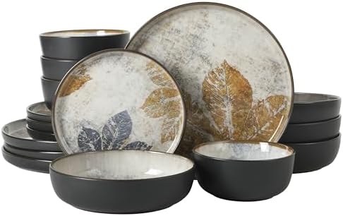 Gibson Elite Chantilly Hill 16-Piece Ceramic Dinnerware Set, Round Plates & Bowls, Multicolor Leaf Design, Microwave & Dishwasher Safe, Service for 4 by GibsonHomewares