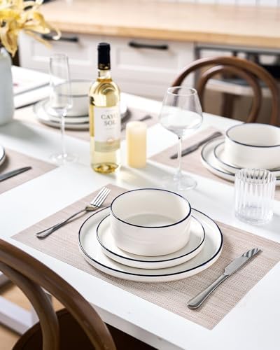 Famiware Porcelain 24-Piece Dinnerware Set, White with Blue Trim - Image 3