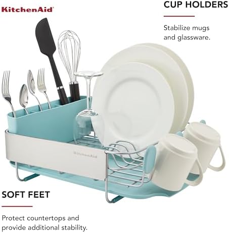 KitchenAid Compact Space Saving Rust Resistant Dish Rack with Removable Flatware Caddy and Angled Self Draining Drainboard, 12.63 x 15.87 x 5.54 Inch, Mineral Water - Image 3