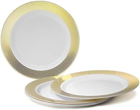 OCCASIONS 120 Plates Pack,(60 Guests) Heavyweight Premium Wedding Party Disposable Plastic Plates Set -60 x 10.5'' Dinner + 60 x 7.5'' Salad/Dessert (Diamond in White & Gold) - Image 2