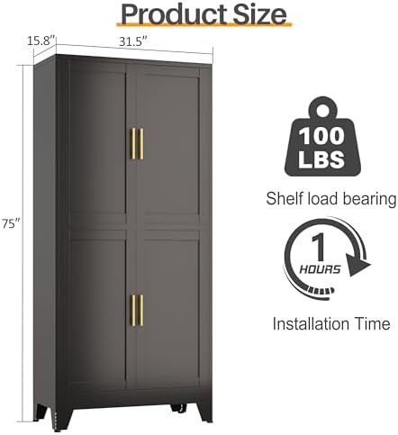 75" Tall Kitchen Pantry Cabinet, Black Metal Pantry Storage - Image 2