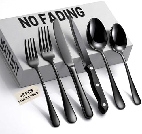 48 PCS NO-FADING Black Silverware Set with Steak Knives, Flatware for 8 by Kikcoin