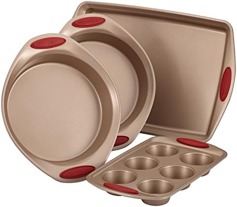 Rachael Ray Cucina Bakeware Set Includes Nonstick Cake Cookie Baking Sheet and Muffin Cupcake Pan, 4 Piece, Latte Brown with Cranberry Red Grips by RachaelRayKitchenware