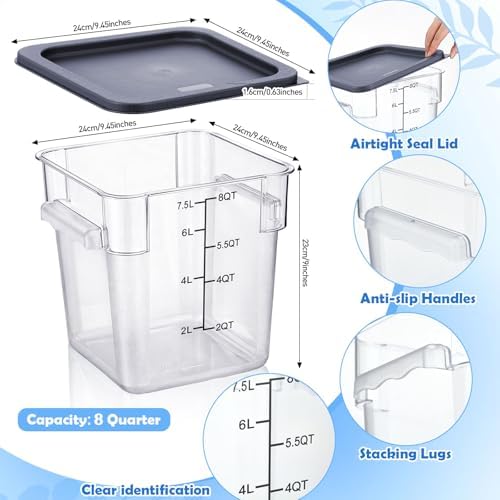 Suclain 2 Pcs Square Food Storage Container Polycarbonate Clear Food Container with Gray Lid Commercial Rice Storage with Gray Graduations for Commercial Kitchen(8 Qt) - Image 2