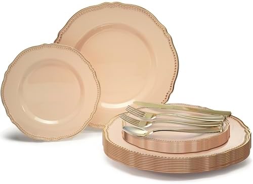 " OCCASIONS " 150pcs set (25 Guests)-Wedding Plastic Plates & cutlery -Disposable heavyweight Dinnerware 10.25'', 7.5'' + Silverware w/double fork (Rochelle Antique Rose & Gold) by OCCASIONSFINESTPLASTICTABLEWARE