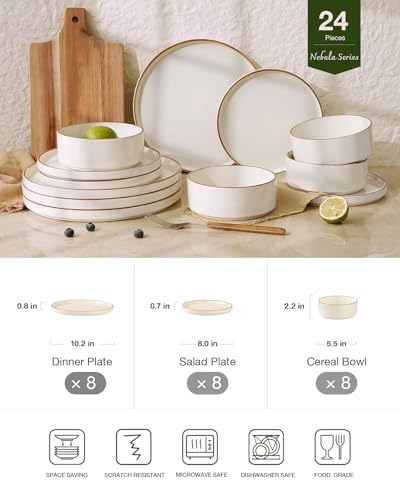 Famiware Nebula 24-Piece Dinnerware Set, Vanilla White with Brown Rim - Image 2