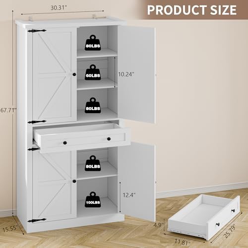 BORNOON Pantry Organizers and Storage Cabinet, 67.7” Barn Door White Kitchen Cabinet with Drawers and Adjustable Shelf, Tall Pantry for Kitchen, Dining Room, Living Room - Image 2
