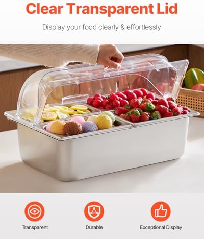 VEVOR Countertop Food Serving Display Container, 4 Pan Stainless Steel Food Serving Tray, Buffet Condiment Dispenser Display Rack with Clear Lid & 3 Freezer Boxes, for Restaurant Hotel Kitchen Party - Image 3