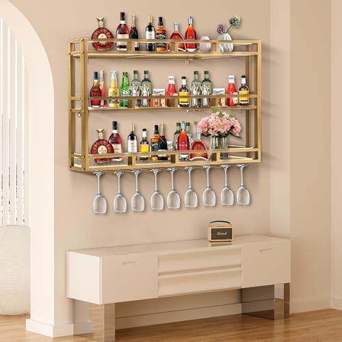 79 Inch Metal Wine Rack Wall Mounted, Bar Shelves for Liquor Bottles with LED Light, 3 Tier Large Capacity Liquor Rack Wall Mounted with Glass Holder for Home Bar & Dining Room, Gold - Image 3