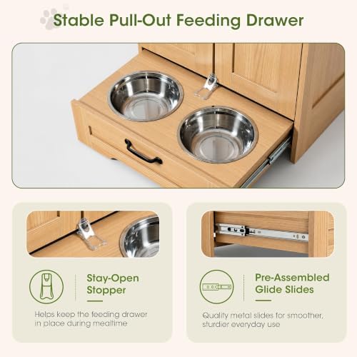 Dog Cabinet, Dog Feeding Station with Hidden Pull-Out Feeder, Oak - Image 5