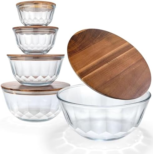 Large Stackable Glass Mixing Bowls with Acacia Lids Set of 5 by Dokaworld