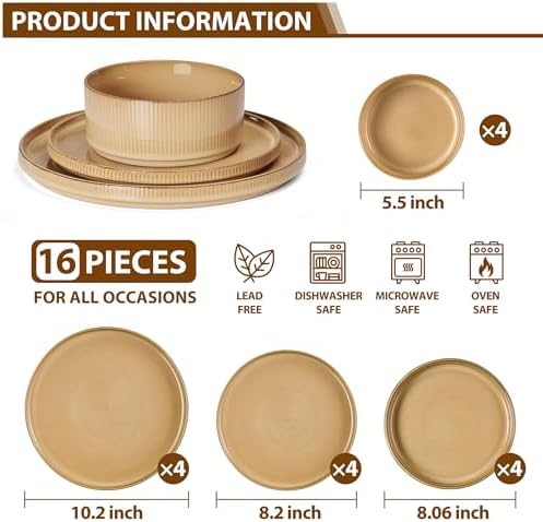 LIANYU 16 Piece Dinnerware Sets with Double Bowls, Ceramic Plates and Bowls Set for 4, Ribbed Stoneware Dishes, Microwave and Dishwasher Safe, Dune Khaki - Image 2