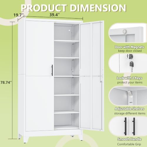White Kitchen Pantry Cabinets,79 Metal Lockable Storage for Office - Image 2
