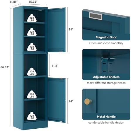 YAUWOH 2-Door Metal Storage Cabinet, Tall Slim Pantry Organizer with 3 Adjustable Shelves (120LBS/Shelf), Anti-Tipping Waterproof Cabinet for Bathroom/Kitchen/Home Office/Small Spaces,(1PC,Blue) - Image 3