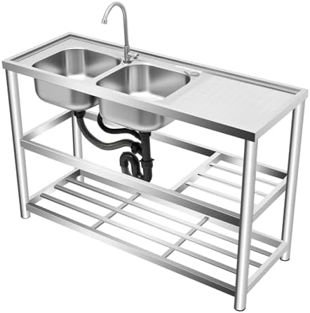 Stainless Steel Commercial Sink 2 Compartment Kitchen Free Standing Double Bowl Restaurant Kitchen Sink Set W/Prep Table for Cleaning Tableware Fruits and Vegetables, Large, Silver by Unknown
