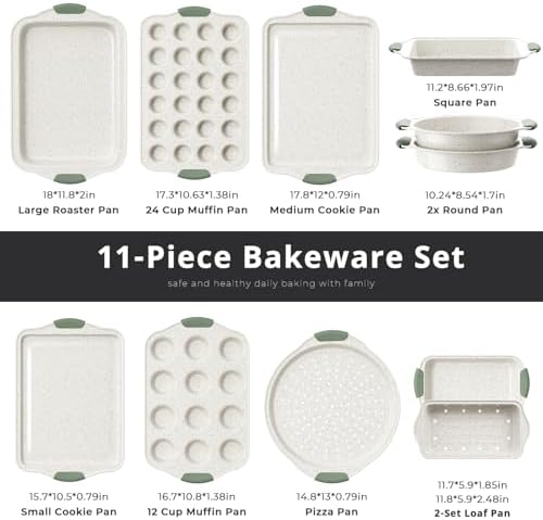 11-Piece Non-Toxic Baking Set, Stackable Nonstick Cookware, White&Green - Image 2
