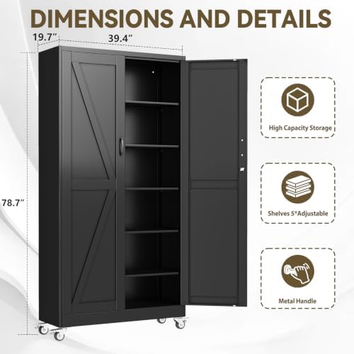 Metal Storage Cabinets with Wheels, Steel Tool Cabinets Lock Door and 5 Adjustable Shelves for Home Office, Garage, Kitchen (Black, 78.7" H) - Image 2