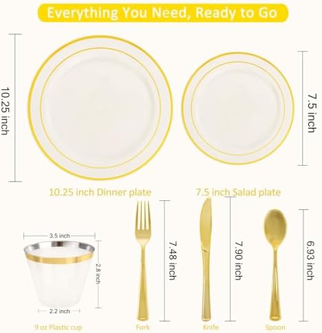 WELLIFE 210PCS Ivory Plastic Plates for 30 Guests - Gold Plastic Plates, Platos Para Fiestas Elegantes Desechables, Disposable Plate for Party and Wedding - Image 2