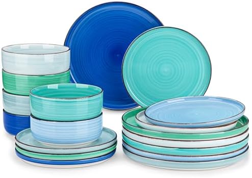 vancasso Bonita Dinnerware Sets 18 Pieces, Blue Stoneware Dishes Set for 6, Plates Set and Bowls Sets, Dishwasher and Microwave Safe by vancasso