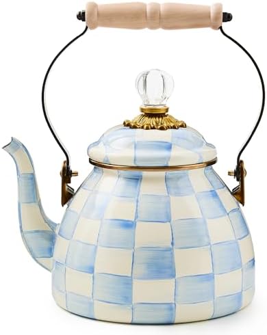 MACKENZIE-CHILDS Tea Kettle, 2 Quarts, Light-Blue-and-White Sky Check by Unknown