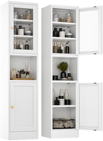 YAUWOH Metal Storage Cabinet with Glass Door, Tall Slim Pantry Organizer with 3 Adjustable Shelves (120LBS/Shelf), Anti-Tipping Waterproof Cabinet for Kitchen/Home Office/Small Spaces,(1PC,White) by YAUWOHFactoryOutletsColorfulMetalFurniture