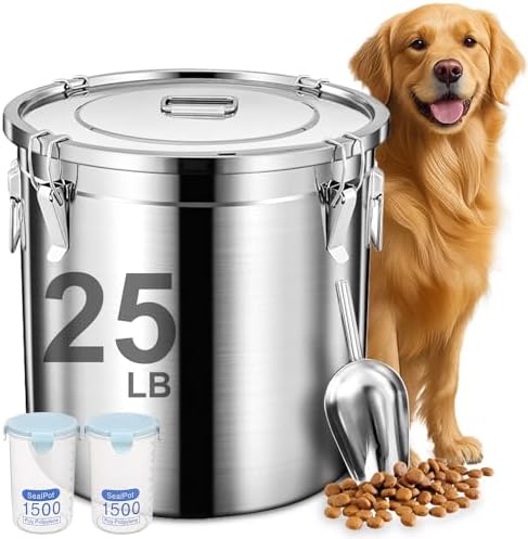 Newget Dog Food Storage Containers, Large Stainless Steel Pet Food Storage Containers 25 lb / 11.5 kg to Keep Fresh, Metal Airtight Cat Food Containers With Scoop and 2 Small Containers by Newget