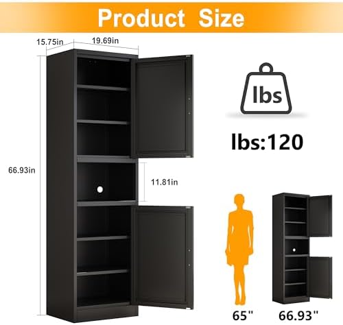 Ckzbx Tall Narrow Storage Cabinet 66.93" H Tall Bathroom Cabinet Metal Pantry Cabinets, 4 Adjustable Shelves for Kitchen, Home Office, Living Room, Dinning Room (20 inches Wide Black) - Image 3
